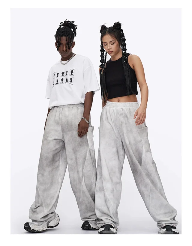 RFSD Men's 2025 Summer American White-Grey Dirty Wide-Leg Pants-High Street Design Distressed Versatile Detail
