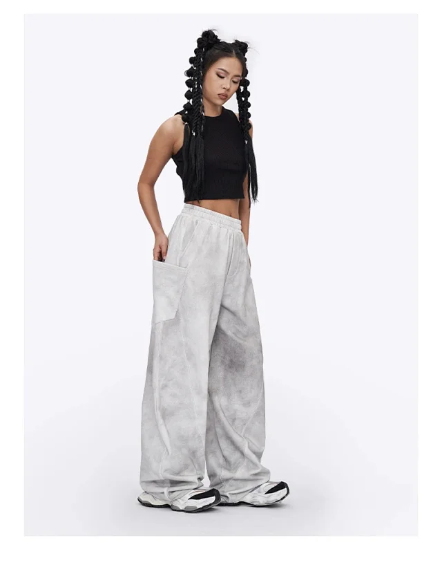 RFSD Men's 2025 Summer American White-Grey Dirty Wide-Leg Pants-High Street Design Distressed Versatile Detail