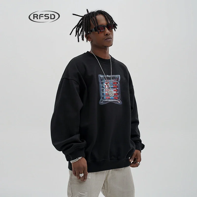 RFSD Men's | 2025 Fall New White Ink Print Crew Neck Sweatshirt