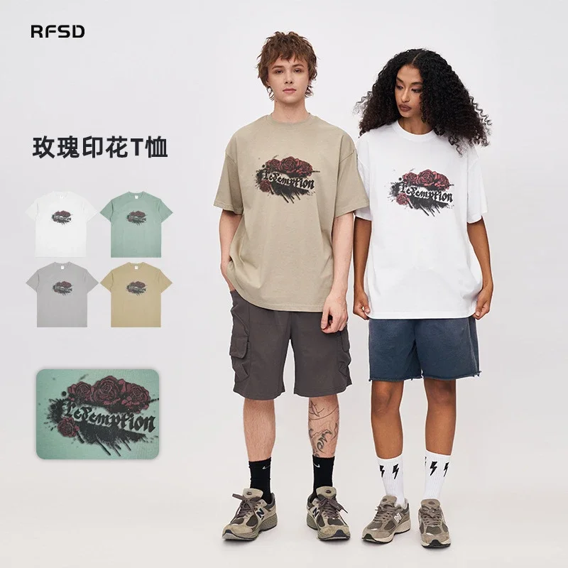 RFSD Men's | American Rose Print T-shirt 2025 Spring/Summer New Loose Streetwear Round Neck Short Sleeve Top