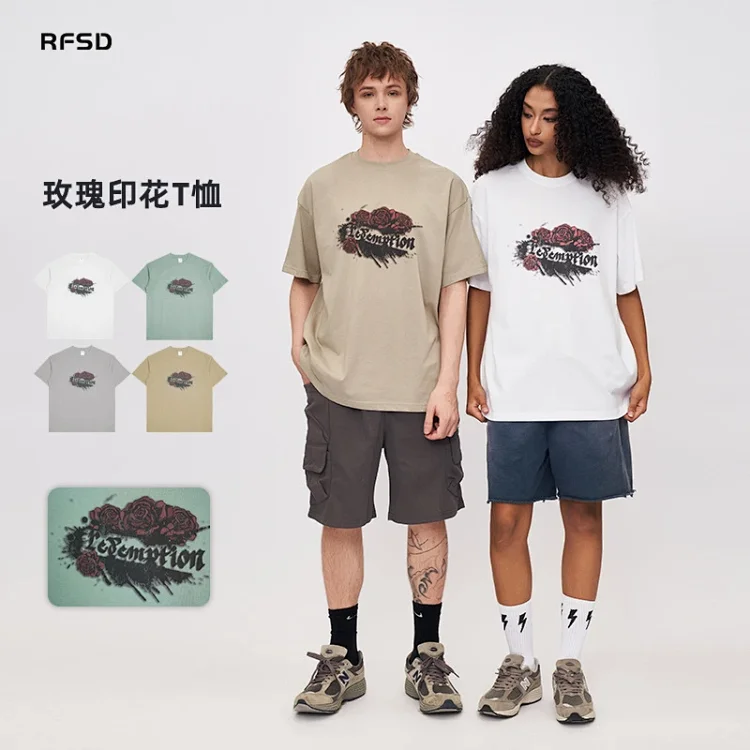 RFSD Men's | American Rose Print T-shirt 2025 Spring/Summer New Loose Streetwear Round Neck Short Sleeve Top
