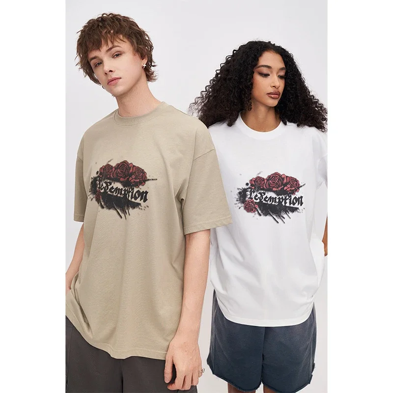 RFSD Men's | American Rose Print T-shirt 2025 Spring/Summer New Loose Streetwear Round Neck Short Sleeve Top