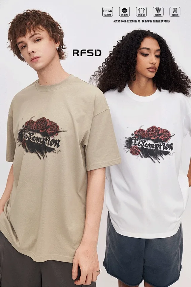 RFSD Men's | American Rose Print T-shirt 2025 Spring/Summer New Loose Streetwear Round Neck Short Sleeve Top Detail