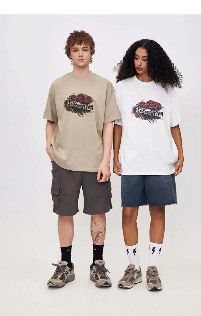 RFSD Men's | American Rose Print T-shirt 2025 Spring/Summer New Loose Streetwear Round Neck Short Sleeve Top Detail