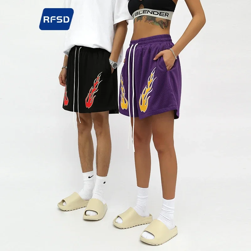 RFSD Men's Fashion | 2025 Summer New American Streetwear Hip - Hop Embroidered Flame Casual Shorts