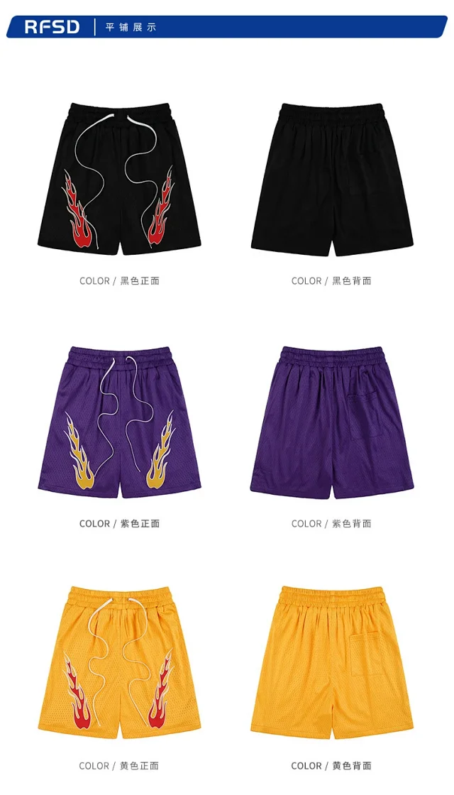 RFSD Men's Fashion | 2025 Summer New American Streetwear Hip - Hop Embroidered Flame Casual Shorts Detail