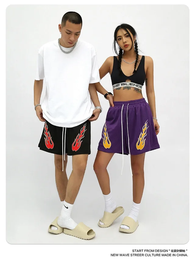 RFSD Men's Fashion | 2025 Summer New American Streetwear Hip - Hop Embroidered Flame Casual Shorts Detail