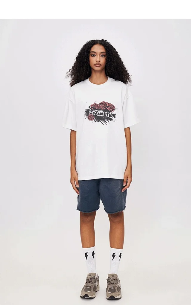 RFSD Men's | American Rose Print T-shirt 2025 Spring/Summer New Loose Streetwear Round Neck Short Sleeve Top Detail