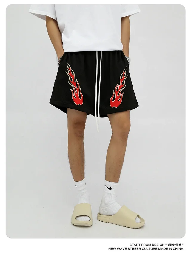 RFSD Men's Fashion | 2025 Summer New American Streetwear Hip - Hop Embroidered Flame Casual Shorts Detail