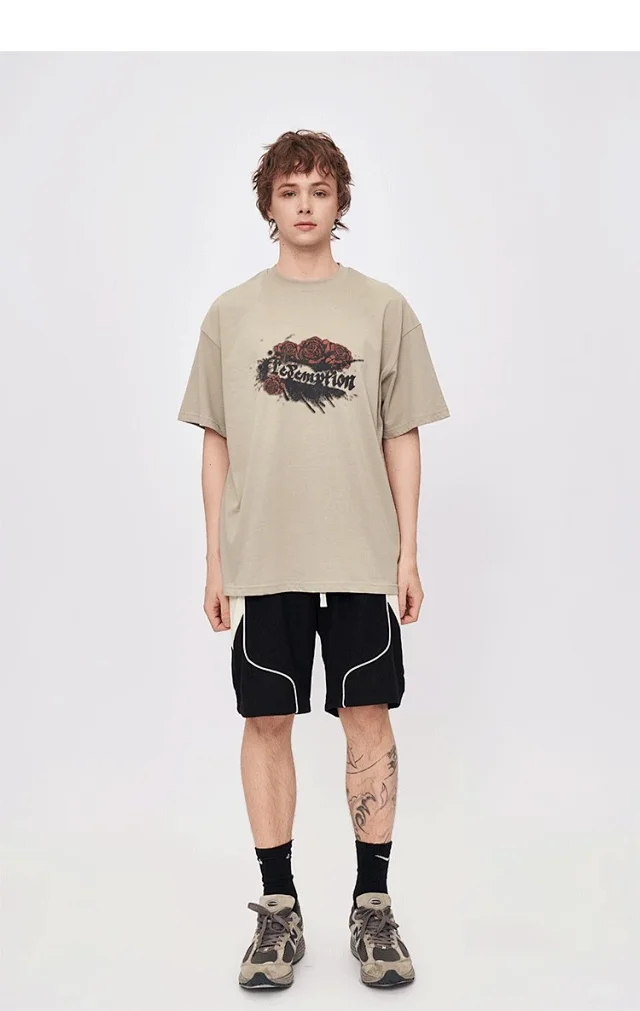 RFSD Men's | American Rose Print T-shirt 2025 Spring/Summer New Loose Streetwear Round Neck Short Sleeve Top Detail