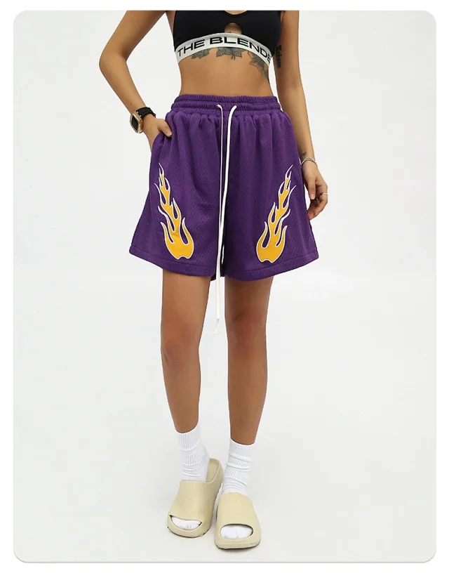 RFSD Men's Fashion | 2025 Summer New American Streetwear Hip - Hop Embroidered Flame Casual Shorts Detail