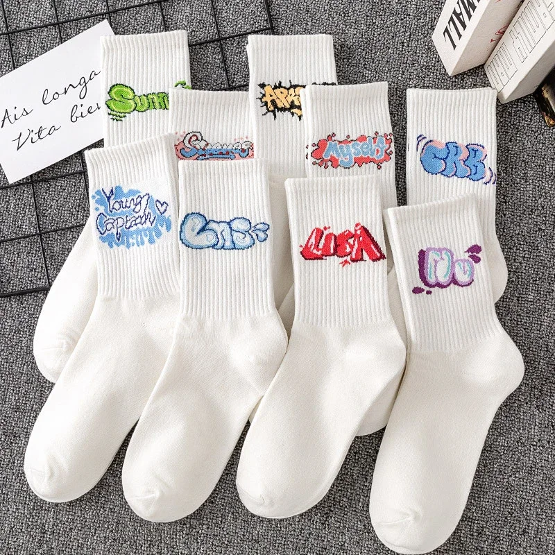 Unisex Lettered Cotton Mid-Calf Socks（10 pairs）