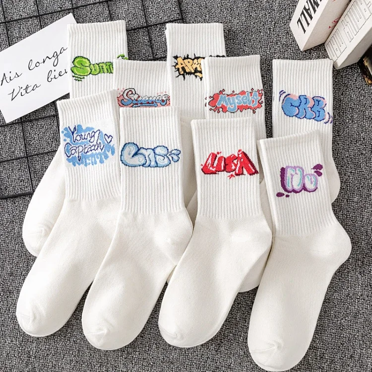 Unisex Lettered Cotton Mid-Calf Socks(10 pairs)