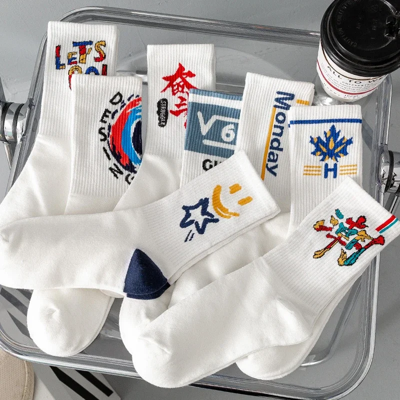 Trendy White Mid-Calf Couple Socks（10 pairs）