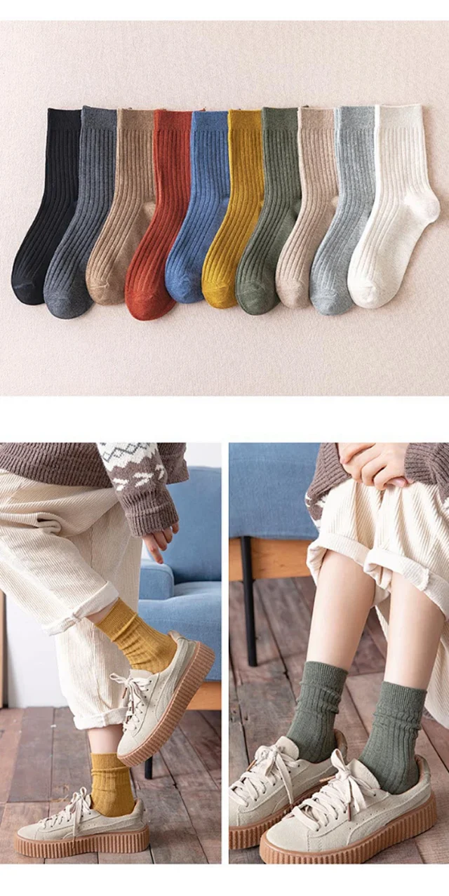 Women's Solid Color Cotton Over-the-Knee Socks（10 pairs） Detail
