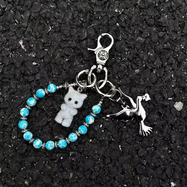 Handmade Cat & Dove Charm Keychain with Turquoise Beads Keychain - 1