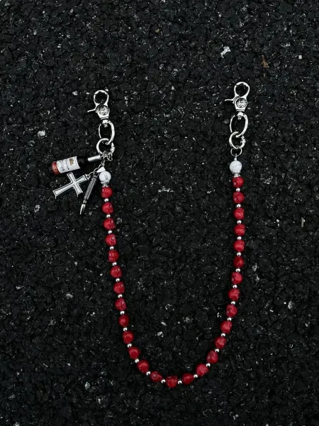 Skull Rosary Chain Red Beaded Keychain Necklace - 1