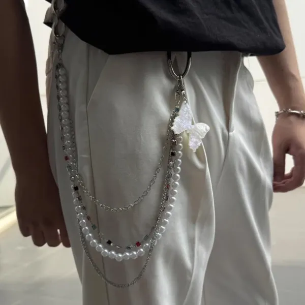 Pearl Chain Belt Accessory with Butterfly Charm White Beige Accessories - 1