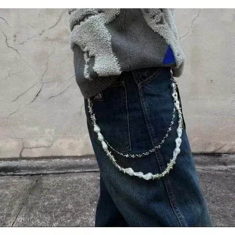 Design Pearl Chain Belt Accessory White/Gray Jeans - 1
