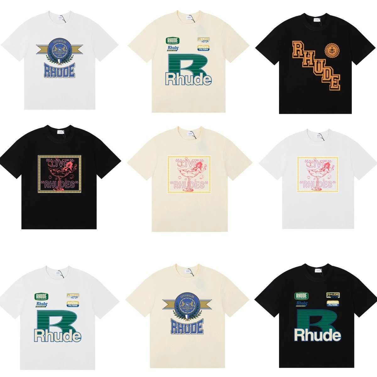 Rhude Graphic Print Beige Black White Casual T-Shirt