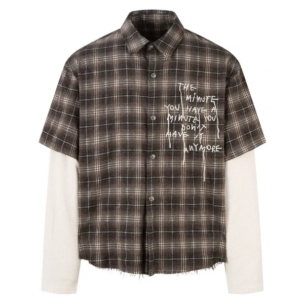 Design Layered Plaid Shirt with Graffiti Print Brown Multicolor Shirt Tops Shirt - 1