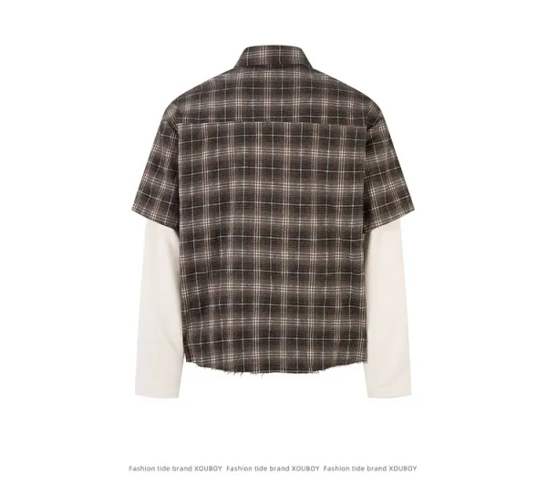 Design Layered Plaid Shirt with Graffiti Print Brown Multicolor Shirt Tops Shirt - 8
