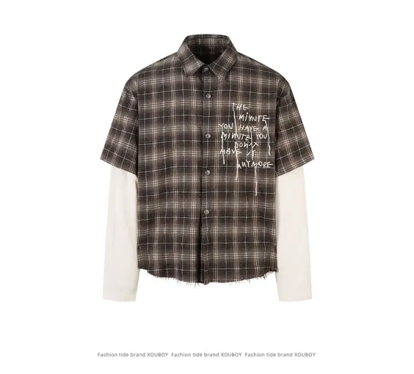 Design Layered Plaid Shirt with Graffiti Print Brown Multicolor Shirt Tops Shirt - 7