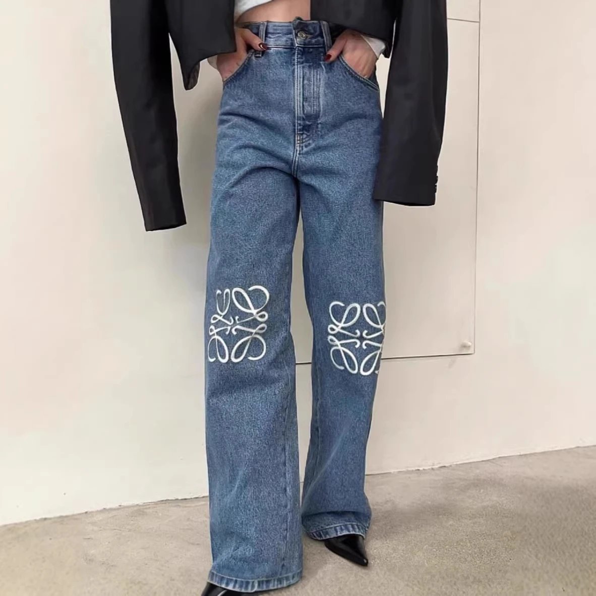 Loewe Jeans Blue Embroidered Logo Wide Leg Denim