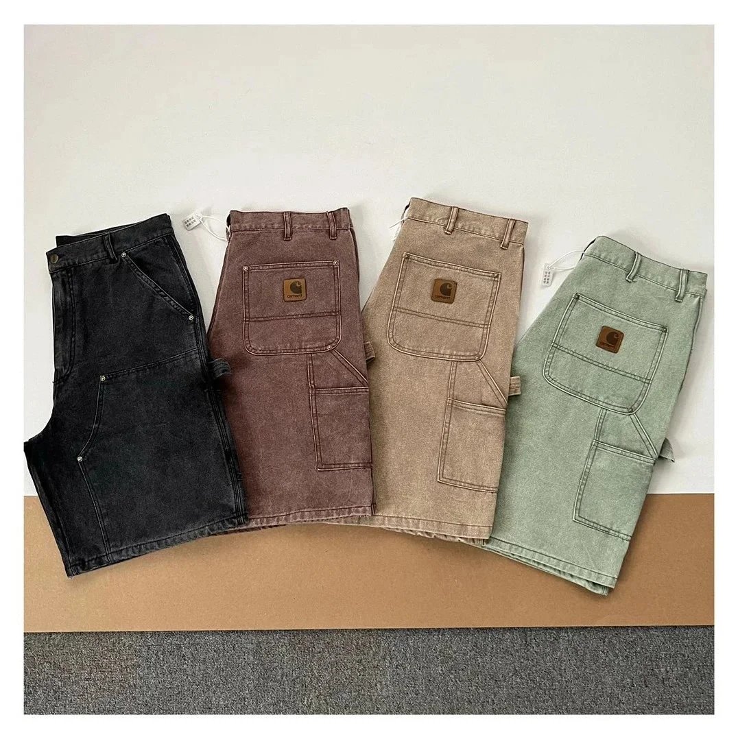 Washed and used double knee rivet logging pants, workwear shorts, five inch shorts, American style trendy