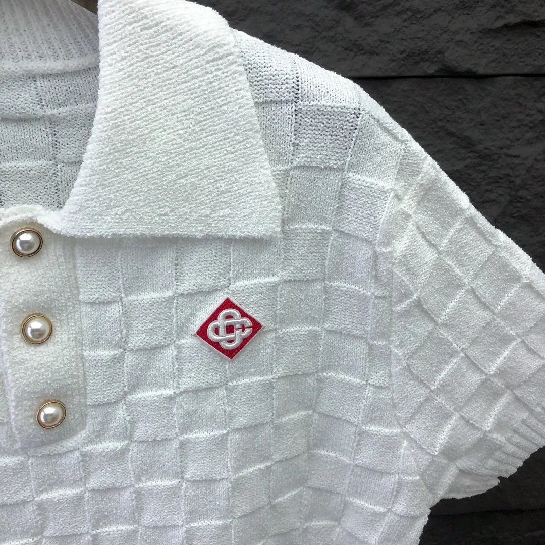 White Textured Knit Polo with Diamond Logo - 6