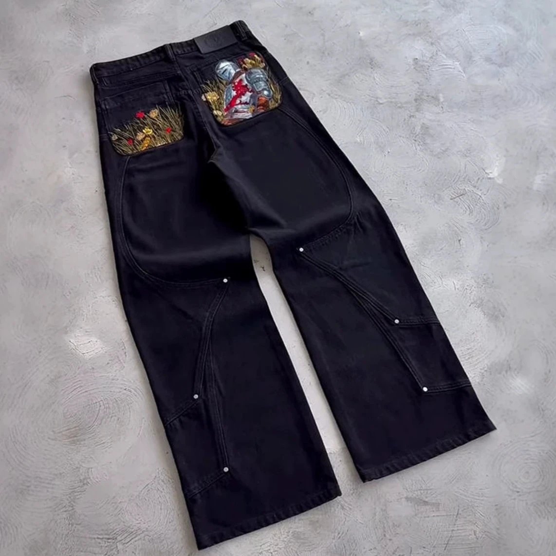 Faded Knight Embroidered Straight-Leg Jeans