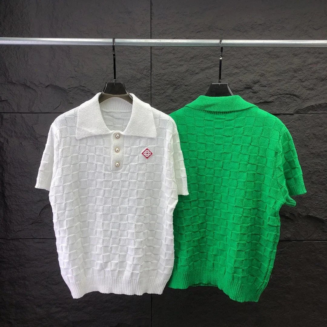 White Textured Knit Polo with Diamond Logo - 3