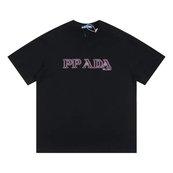 Prada Logo Outline Embroidered Black T-Shirt - 1