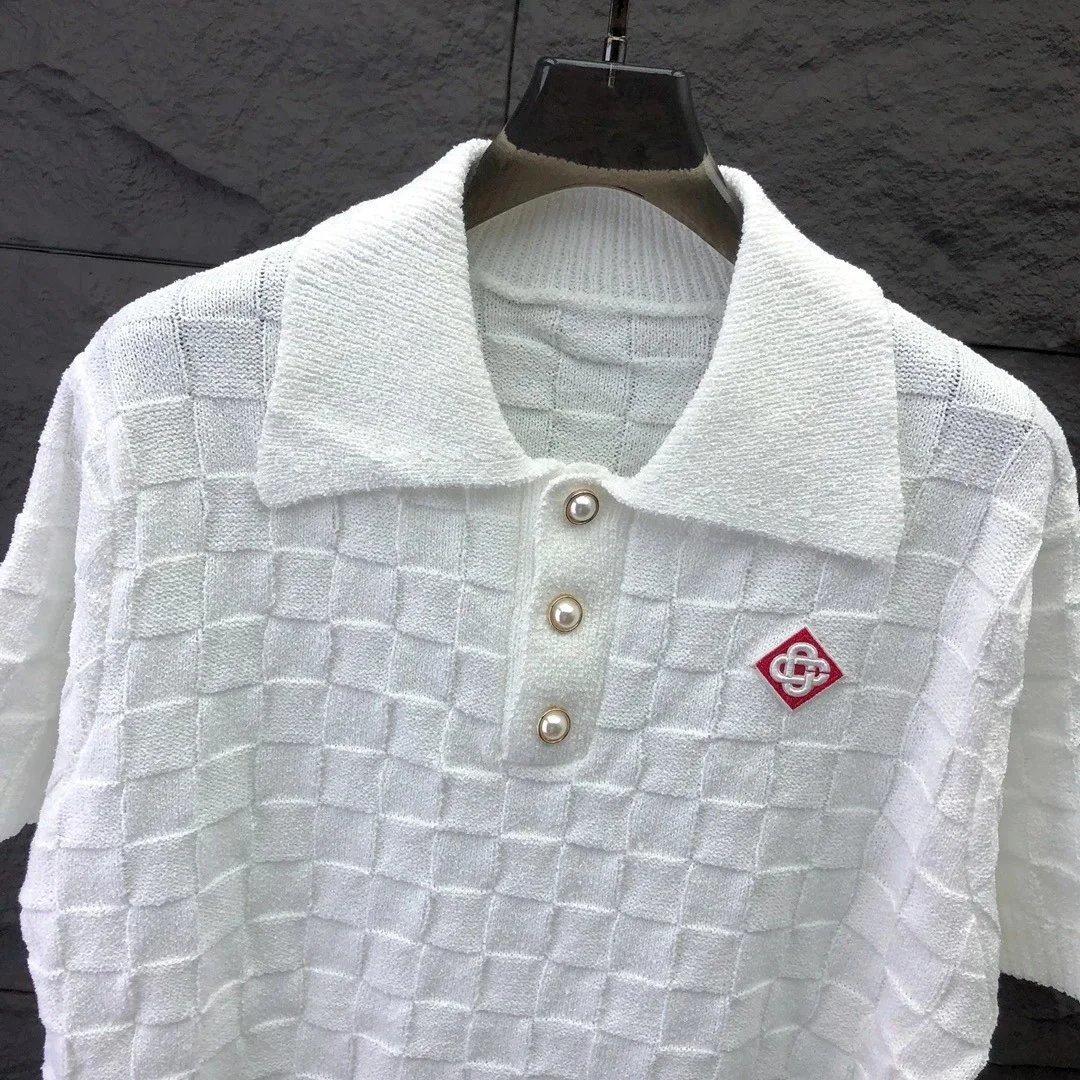 White Textured Knit Polo with Diamond Logo - 5