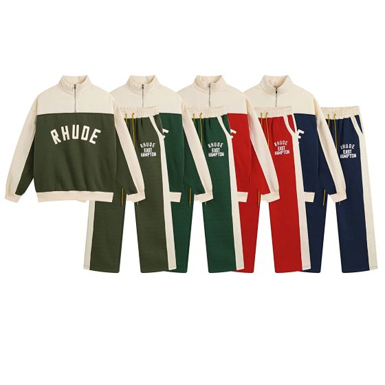 Color blocked velvet half zip hoodie for men and women, high street sports pants set