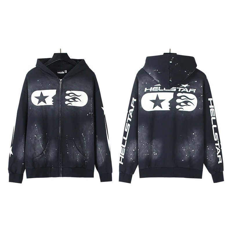 Hellstar Splatter Print Zip-Up Hoodie Black - 1