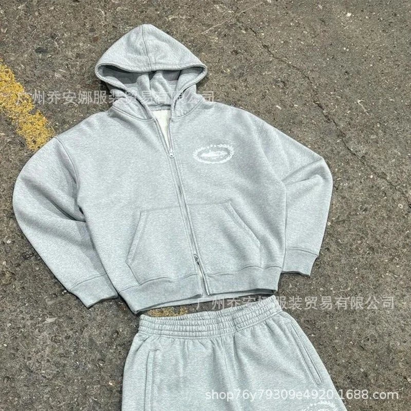 Zip-Up Hoodie Loose Fit High Street American Streetwear Brand Printed Sweatpants Set