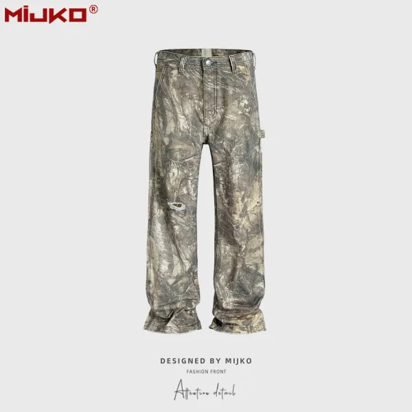 Design MIJKO Camo Print Distressed Workwear Pants Multicolor Pants - 1