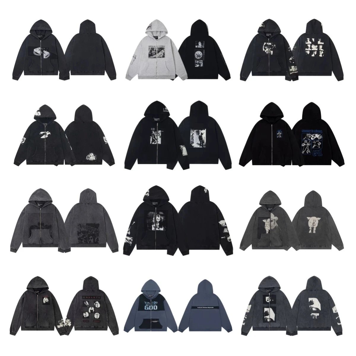 Vintage Print Oversized Zip-Up Hoodie Black Casual