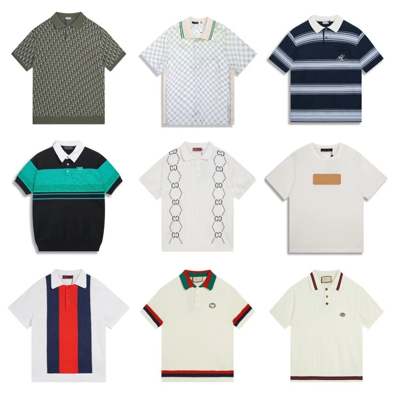 Knit Polo Shirt Olive Green Patterned Casual