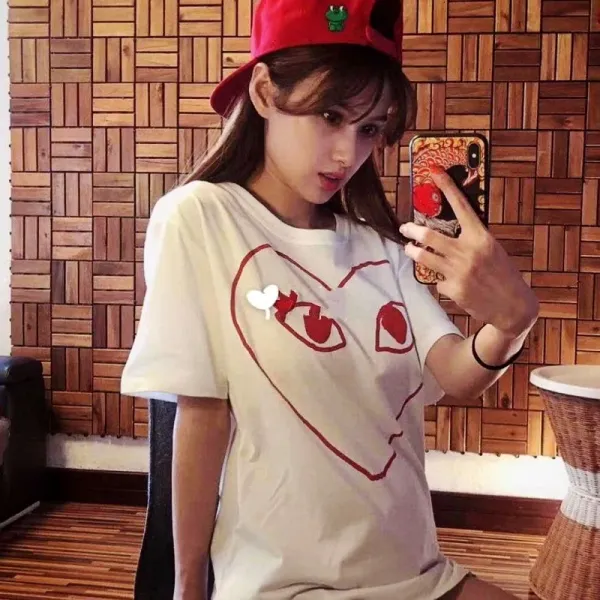 Comme des Garçons Play Striped Navy and White T-Shirt with Red Heart Logo - 11