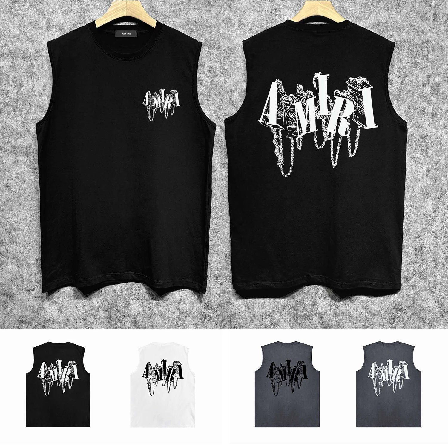 Amiri Sleeveless Graphic Tank Top Gray White Black Floral Skull Logo Streetwear