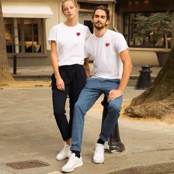 Comme des Garçons Play Striped Navy and White T-Shirt with Red Heart Logo - 8