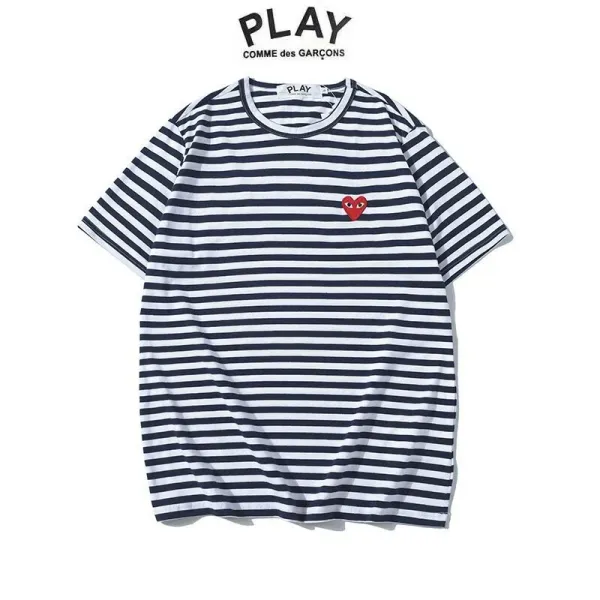 Comme des Garçons Play Striped Navy and White T-Shirt with Red Heart Logo - 1