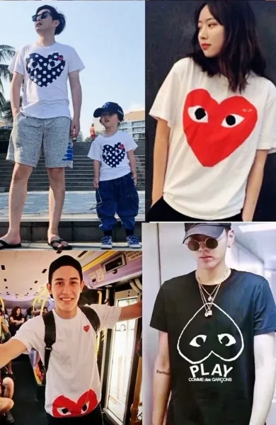 Comme des Garçons Play Striped Navy and White T-Shirt with Red Heart Logo - 12