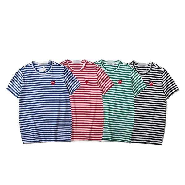 Comme des Garçons Play Striped Navy and White T-Shirt with Red Heart Logo - 24