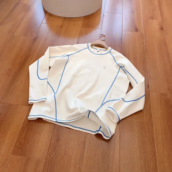 Design Contrast Stitch Long-Sleeve Base Layer Top in White with Blue Piping - 1