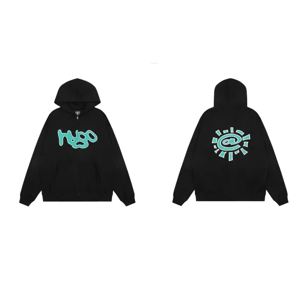 HUGO x @ Symbol Teal Print Black Zip-Up Hoodie - 1