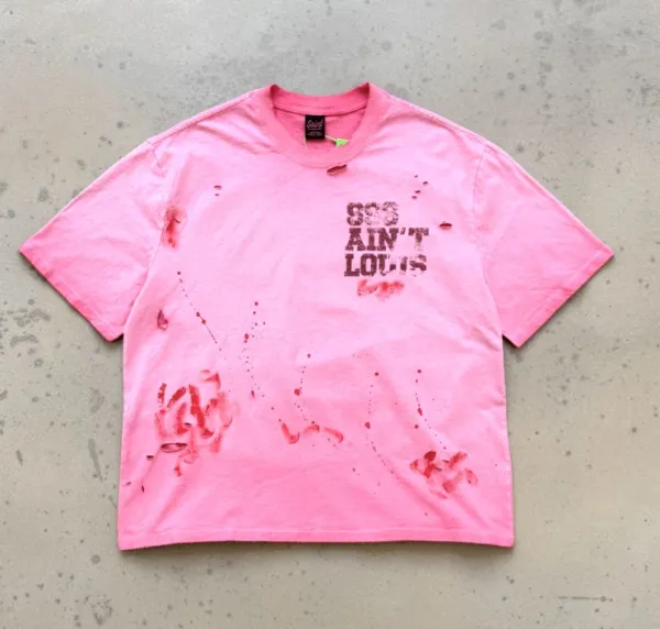 Stussy SSS Ain't Louis Pink Distressed T-Shirt - 1