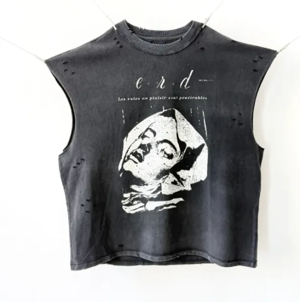 Design E.R.D. Distressed Crop Sleeveless Tee Black T-Shirts - 1